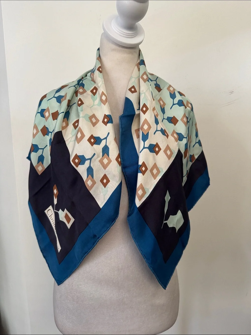 Christian Dior vintage silk scarf blue cream black